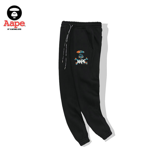 TRE 23 - Aape 迷彩猿人頭經典款印花LOGO休閑褲 純棉衛褲 黑色#好評不斷